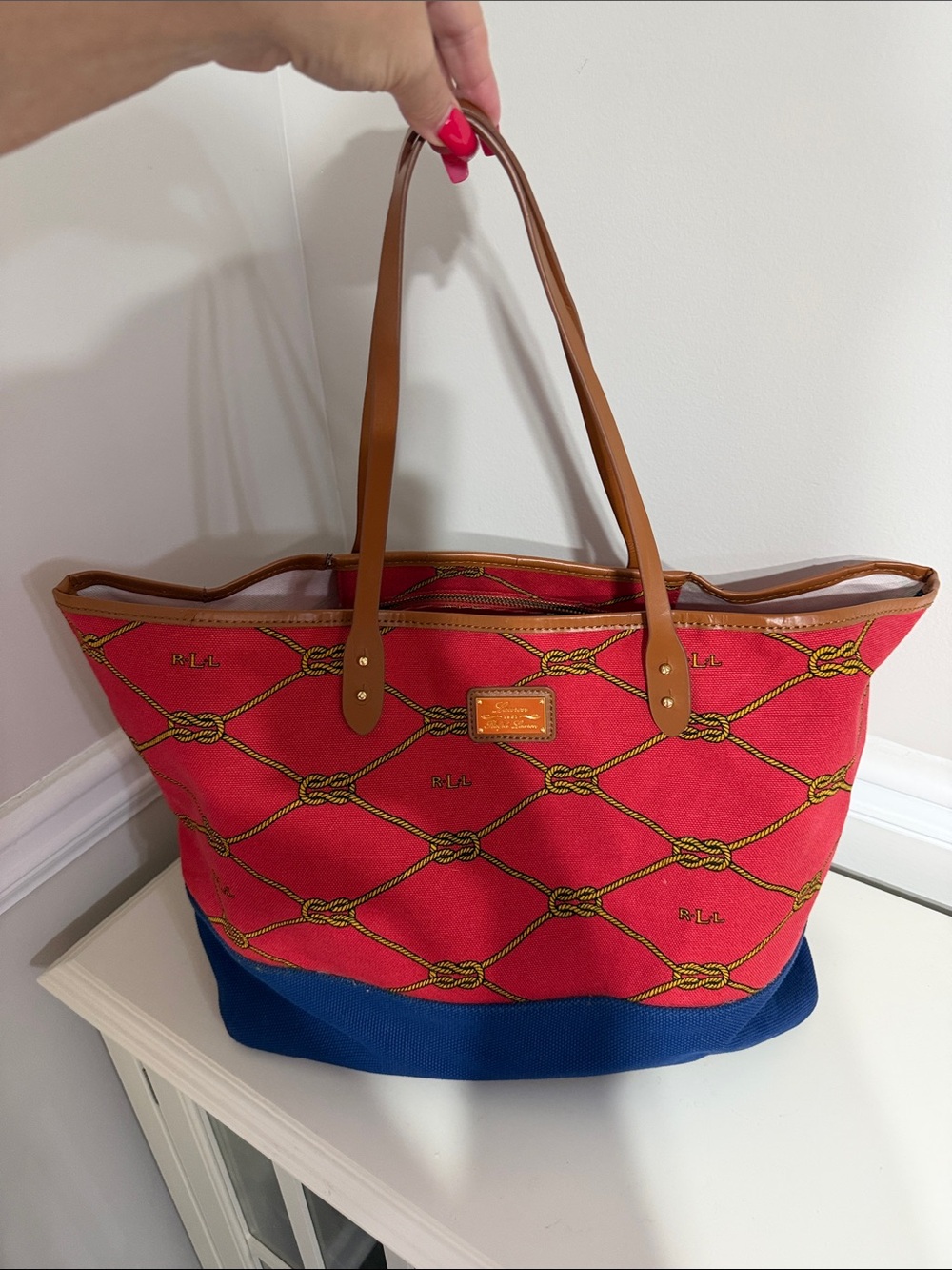 Ralph Lauren Red and Blue Canvas Tote with Tan Leather Handles